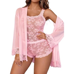 Avidlove Lingerie for Women 3 Piece Lingerie Set Floral Lace Cami Sleepwear with Kimono Robe Pajama Set(Pink)