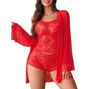 Avidlove Lingerie for Women 3 Piece Lingerie Set Floral Lace Cami Sleepwear with Kimono Robe Pajama Set(Red)