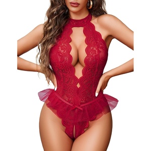Avidlove Lingerie for Women Halter Lace Bodysuit Deep V Teddy Babydoll Sleepwear(Deep Red)