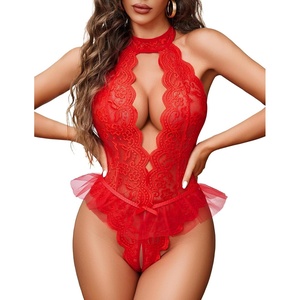 Avidlove Lingerie for Women Halter Lace Bodysuit Deep V Teddy Babydoll Sleepwear(Red)