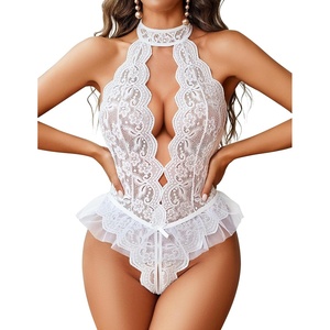 Avidlove Lingerie for Women Halter Lace Bodysuit Deep V Teddy Babydoll Sleepwear(White)