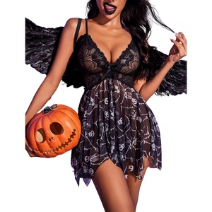 Avidlove Lingerie for Women Lace Babydoll Sleepwear Boudoir Outfits Plus Size Langeray XS-5XL(Halloween-skull Print)