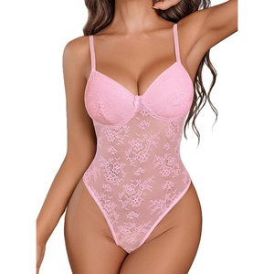 Avidlove Lingerie for Women Lace Bodysuit Sexy Body Suit | Deep V Teddy Snap Crotch Lace Bralette for Women Camisole Adjustable See Through Underwear Mesh One Piece Babydoll(Deep Pink)