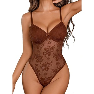Avidlove Lingerie for Women Lace Bodysuit Sexy Body Suit | Deep V Teddy Snap Crotch Lace Bralette for Women Camisole Adjustable See Through Underwear Mesh One Piece Babydoll(Brown)