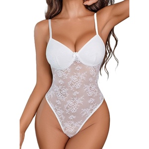 Avidlove Lingerie for Women Lace Bodysuit Sexy Body Suit | Deep V Teddy Snap Crotch Lace Bralette for Women Camisole Adjustable See Through Underwear Mesh One Piece Babydoll(White)