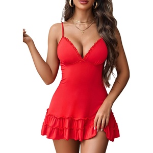Avidlove Lingerie for Women Nightgown Lace Modal Sleepwear V-Neck Chemise Full Slip Babydoll Nightdress(Red)