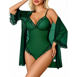 Avidlove Lingerie for Women Sexy Lace Bodysuit Robe Set 2 Piece Mesh Teddy Kimonos Sleepwear Boudoir Outfits S-XXL(Dark Green)