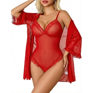 Avidlove Lingerie for Women Sexy Lace Bodysuit Robe Set 2 Piece Mesh Teddy Kimonos Sleepwear Boudoir Outfits S-XXL(Red)