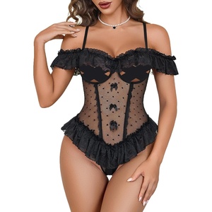 Avidlove Lingerie for Women V Neck One Piece Bodysuit Lace Ruffle Babydoll Off Shoulder Rave Outfits(Black)