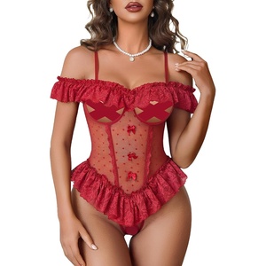 Avidlove Lingerie for Women V Neck One Piece Bodysuit Lace Ruffle Babydoll Off Shoulder Rave Outfits(Dark Red)