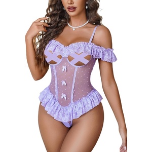 Avidlove Lingerie for Women V Neck One Piece Bodysuit Lace Ruffle Babydoll Off Shoulder Rave Outfits(Lilac)