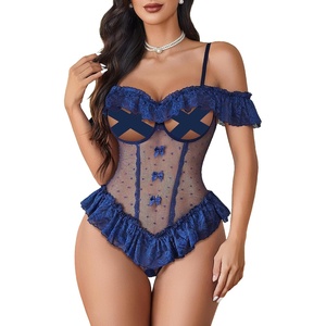 Avidlove Lingerie for Women V Neck One Piece Bodysuit Lace Ruffle Babydoll Off Shoulder Rave Outfits(Navy Blue)