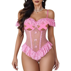 Avidlove Lingerie for Women V Neck One Piece Bodysuit Lace Ruffle Babydoll Off Shoulder Rave Outfits(Pink)