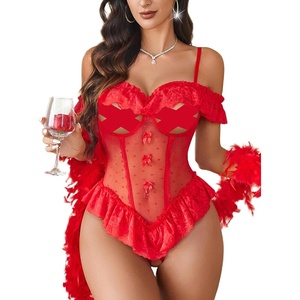 Avidlove Lingerie for Women V Neck One Piece Bodysuit Lace Ruffle Babydoll Off Shoulder Rave Outfits(Red)