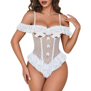 Avidlove Lingerie for Women V Neck One Piece Bodysuit Lace Ruffle Babydoll Off Shoulder Rave Outfits(White)