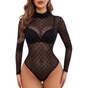Avidlove Long Sleeve Bodysuit for Women Turtleneck Sheer Mesh Bodysuit Geo Print Leotards(Black Polka Dots)