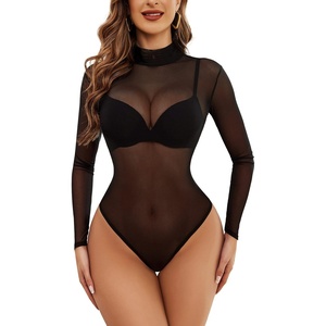 Avidlove Long Sleeve Bodysuit for Women Turtleneck Sheer Mesh Bodysuit Geo Print Leotards(Black02)