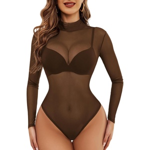 Avidlove Long Sleeve Bodysuit for Women Turtleneck Sheer Mesh Bodysuit Geo Print Leotards(Brown)