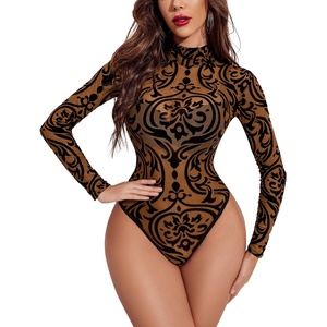Avidlove Long Sleeve Bodysuit for Women Turtleneck Sheer Mesh Bodysuit Geo Print Leotards(Brown Baroque)