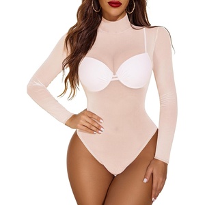 Avidlove Long Sleeve Bodysuit for Women Turtleneck Sheer Mesh Bodysuit Geo Print Leotards(Champagne)