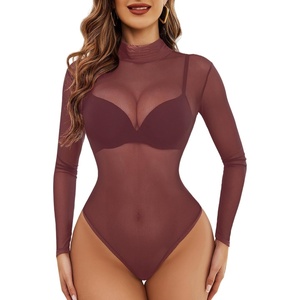 Avidlove Long Sleeve Bodysuit for Women Turtleneck Sheer Mesh Bodysuit Geo Print Leotards(Deep Purple Red)