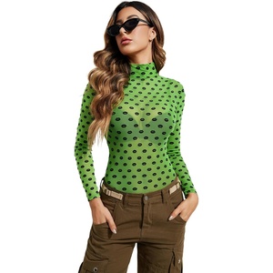 Avidlove Long Sleeve Bodysuit for Women Turtleneck Sheer Mesh Bodysuit Geo Print Leotards(Green)