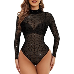 Avidlove Long Sleeve Bodysuit for Women Turtleneck Sheer Mesh Bodysuit Geo Print Leotards(Jh78)