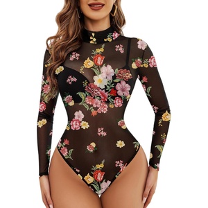 Avidlove Long Sleeve Bodysuit for Women Turtleneck Sheer Mesh Bodysuit Geo Print Leotards(Multi-floral)