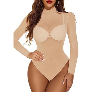 Avidlove Long Sleeve Bodysuit for Women Turtleneck Sheer Mesh Bodysuit Geo Print Leotards(Nude)