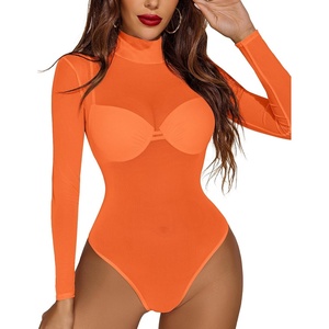 Avidlove Long Sleeve Bodysuit for Women Turtleneck Sheer Mesh Bodysuit Geo Print Leotards(Orange)