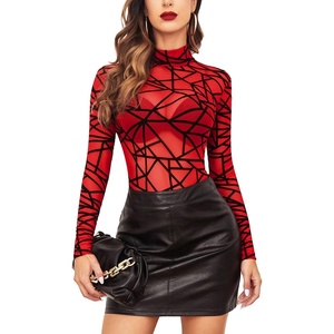 Avidlove Long Sleeve Bodysuit for Women Turtleneck Sheer Mesh Bodysuit Geo Print Leotards(Red)