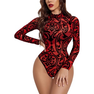Avidlove Long Sleeve Bodysuit for Women Turtleneck Sheer Mesh Bodysuit Geo Print Leotards(Red Baroque)