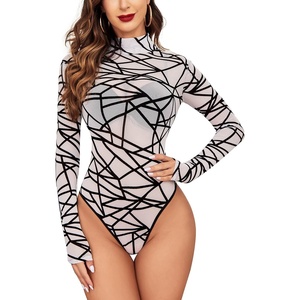 Avidlove Long Sleeve Bodysuit for Women Turtleneck Sheer Mesh Bodysuit Geo Print Leotards(White)