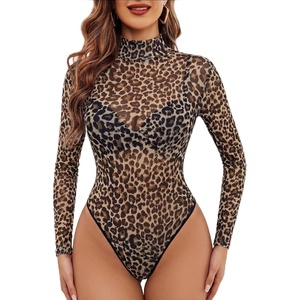 Avidlove Long Sleeve Bodysuit for Women Turtleneck Sheer Mesh Bodysuit Geo Print Leotards(Yellow-brown Leopard Print)