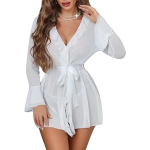 Avidlove Mesh Lingerie Robe Sets for Women Sexy Nightgown Long Sleeve Kimono Ruffle Nighty With Thong(White)