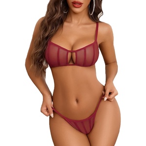 Avidlove Mesh Lingerie Sets for Women Sexy Cut Out Sheer 2 Pieces Bra and Panty Set Wireless Underwear(Burgundy Red)