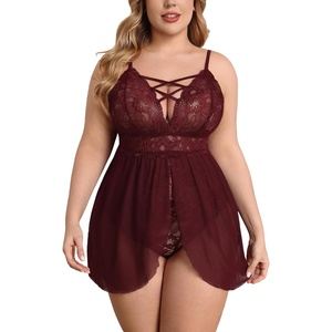 Avidlove Plus Size Babydoll Womens Snap Crotch Lingerie V Neck Lace Nighty Sleepwear L-5XL(Cherry Red)