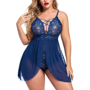 Avidlove Plus Size Babydoll Womens Snap Crotch Lingerie V Neck Lace Nighty Sleepwear L-5XL(Navy Blue)