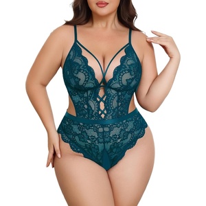 Avidlove Plus Size Lingerie for Women Sexy Deep V Lace Teddy Cut Out Lingerie Bodysuit 14-24 Plus(Blue Green)