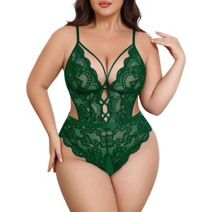 Avidlove Plus Size Lingerie for Women Sexy Deep V Lace Teddy Cut Out Lingerie Bodysuit 14-24 Plus(Dark Green)