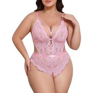 Avidlove Plus Size Lingerie for Women Sexy Deep V Lace Teddy Cut Out Lingerie Bodysuit 14-24 Plus(Light Pink)