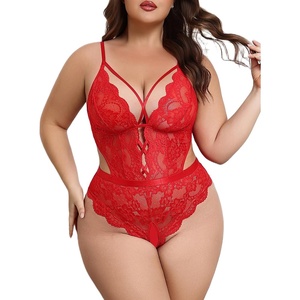 Avidlove Plus Size Lingerie for Women Sexy Deep V Lace Teddy Cut Out Lingerie Bodysuit 14-24 Plus(Red)