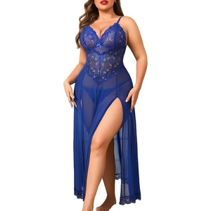 Avidlove Plus Size Lingerie for Women Sexy Lace Babydoll Long Lingerie Dress Side Split Nightgown(Blue)
