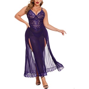 Avidlove Plus Size Lingerie for Women Sexy Lace Babydoll Long Lingerie Dress Side Split Nightgown(Purple)