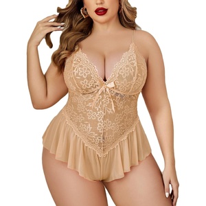 Avidlove Plus Size Teddy Lingerie for Women V Neck Lace Bodysuit | Floral lace lingerie bodysuit, soft stretch fabric for curvy figures, date night or honeymoon(Camel)