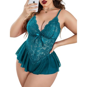 Avidlove Plus Size Teddy Lingerie for Women V Neck Lace Bodysuit | Floral lace lingerie bodysuit, soft stretch fabric for curvy figures, date night or honeymoon(Blue Green)