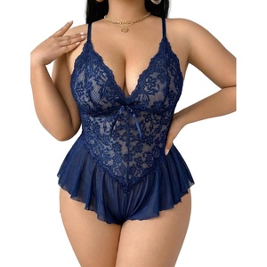 Avidlove Plus Size Teddy Lingerie for Women V Neck Lace Bodysuit | Floral lace lingerie bodysuit, soft stretch fabric for curvy figures, date night or honeymoon(Navy Blue)