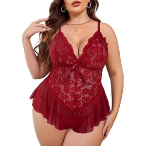 Avidlove Plus Size Teddy Lingerie for Women V Neck Lace Bodysuit | Floral lace lingerie bodysuit, soft stretch fabric for curvy figures, date night or honeymoon(Dark Red)