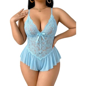 Avidlove Plus Size Teddy Lingerie for Women V Neck Lace Bodysuit | Floral lace lingerie bodysuit, soft stretch fabric for curvy figures, date night or honeymoon(Light Blue)