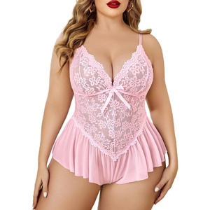 Avidlove Plus Size Teddy Lingerie for Women V Neck Lace Bodysuit | Floral lace lingerie bodysuit, soft stretch fabric for curvy figures, date night or honeymoon(Pink)